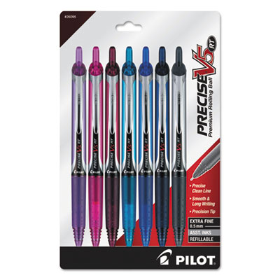 Pilot Precise V5RT Retractable Roller Ball Pen, 0.5mm, Assorted Ink/Barrel, 7/Pack PIL26095