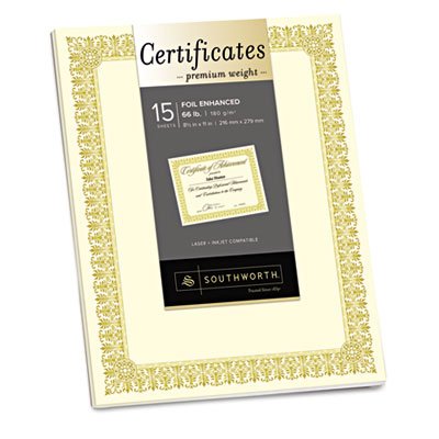 Southworth Premium Certificates, Ivory , Fleur Gold Foil Border, 66 lb, 8.5 x 11, 15/Pack SOUCTP1V