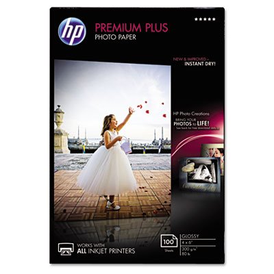 HP Premium Plus Photo Paper, 80 lbs., Glossy, 4 x 6, 100 Sheets/Pack HEWCR668A