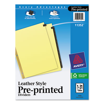 Avery Preprinted Black Leather Tab Dividers w/Gold Reinforced Edge, 31-Tab, Ltr AVE11352