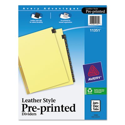 Avery Preprinted Black Leather Tab Dividers w/Gold Reinforced Edge, 12-Tab, Ltr AVE11351
