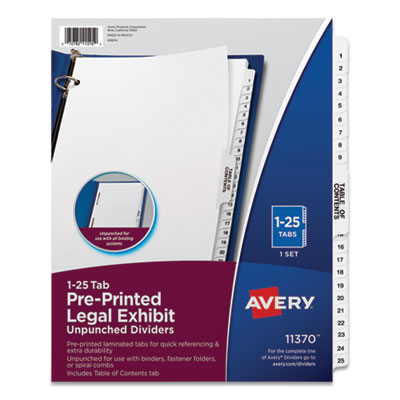 Avery Preprinted Legal Exhibit Side Tab Index Dividers, Avery Style, 25-Tab, 1 to 25, 11 x 8.5, White