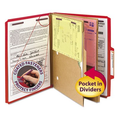 Smead Pressboard Folders, Two Pocket Dividers, Letter, Six-Section, Bright Red, 10/Box SMD14082