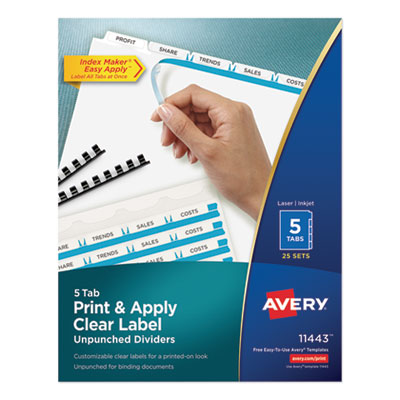 Avery Print and Apply Index Maker Clear Label Unpunched Dividers, 5-Tab, Ltr, 25 Sets AVE11443
