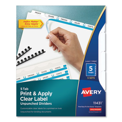 Avery Print and Apply Index Maker Clear Label Unpunched Dividers, 5Tab, Letter, 5 Sets AVE11431