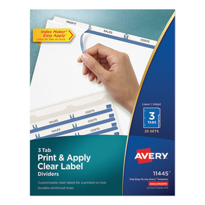 Avery Print and Apply Index Maker Clear Label Dividers, 3 White Tabs, Letter, 25 Sets AVE11445