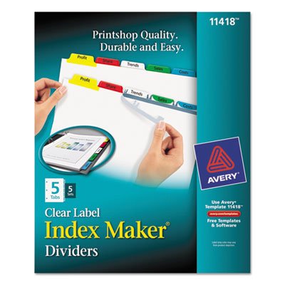 Avery Print & Apply Clear Label Dividers w/Color Tabs, 5-Tab, Letter, 5 Sets AVE11418