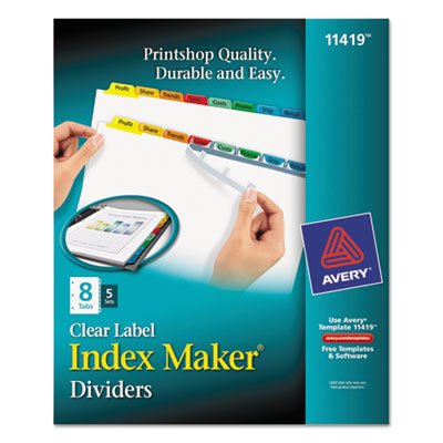 Avery Print & Apply Clear Label Dividers w/Color Tabs, 8-Tab, Letter, 5 Sets AVE11419