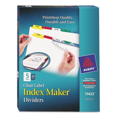 Avery Print & Apply Clear Label Dividers w/Color Tabs, 5-Tab, Letter, 25 Sets AVE11423