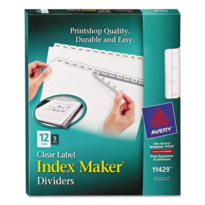 Avery Print & Apply Clear Label Dividers w/White Tabs, 12-Tab, Letter, 5 Sets AVE11429