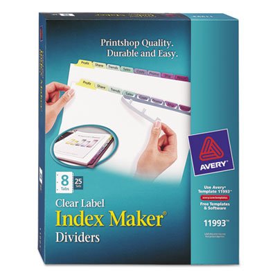 Avery Print & Apply Clear Label Dividers w/Color Tabs, 8-Tab, Letter, 25 Sets AVE11993