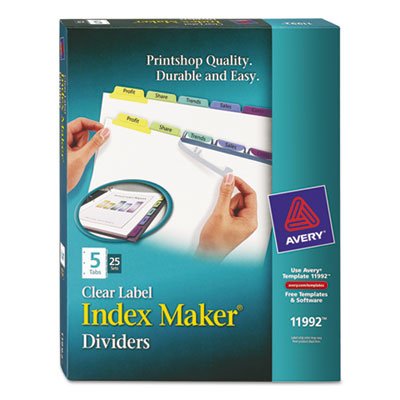 Avery Print & Apply Clear Label Dividers w/Color Tabs, 5-Tab, Letter, 25 Sets AVE11992