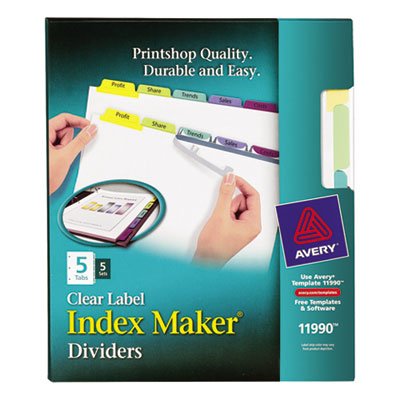 Avery Print & Apply Clear Label Dividers w/Color Tabs, 5-Tab, Letter, 5 Sets AVE11990