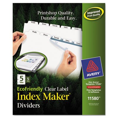 Avery Print & Apply Clear Label Dividers w/White Tabs, 5-Tab, Letter, 5 Sets AVE11580