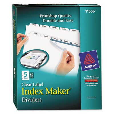 Avery Print & Apply Clear Label Dividers w/White Tabs, 5-Tab, Letter, 50 Sets AVE11556