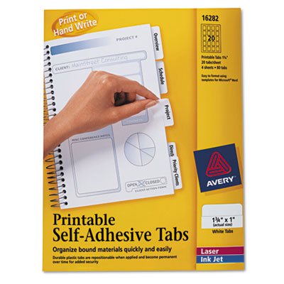 Avery Printable Plastic Tabs with Repositionable Adhesive, 1 3/4, White, 80/Pack AVE16282