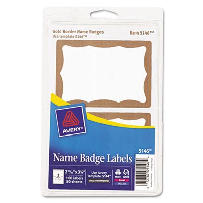 Avery Printable Self-Adhesive Name Badges, 2-11/32 x 3-3/8, Gold Border, 100/Pack AVE5146