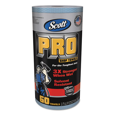 Scott Pro Shop Towels, Heavy Duty, 1-Ply, Blue, 10 2/5" x 11", 12 Rolls/Carton KCC32992