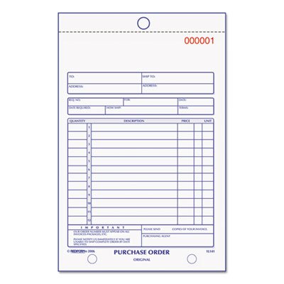 Rediform Purchase Order Book, Bottom Punch, 5 1/2 x 7 7/8, 3-Part Carbonless, 50 Forms RED1L141