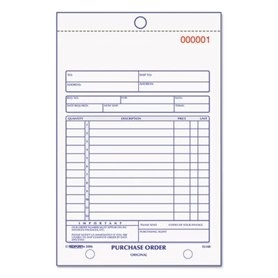 Rediform Purchase Order Book, Bottom Punch, 5 1/2 x 7 7/8, Two-Part Carbonless, 50 Forms RED1L140