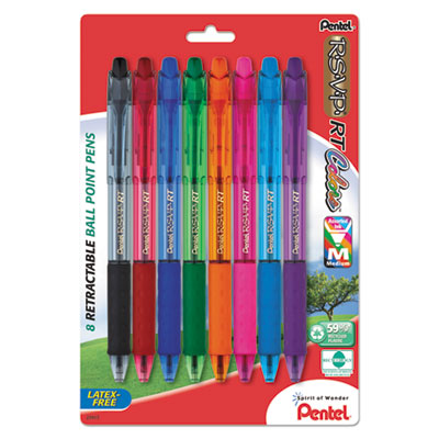 Pentel R.S.V.P. RT Retractable Ballpoint Pen, 1mm, Assorted Ink, Clear Barrel, 8/Pack PENBK93CRBP8M