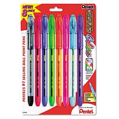 Pentel R.S.V.P. Stick Ballpoint Pen, 1mm, Assorted Barrel, Assorted Ink, 8/Set PENBK91CRBP8M