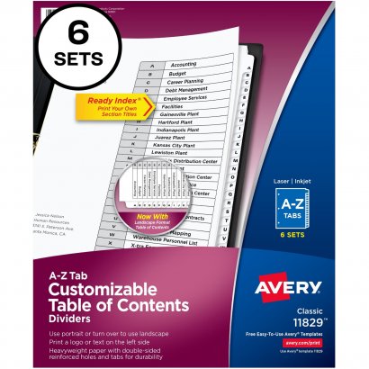 Avery Ready Index A-Z 26 Tab Dividers, Customizable TOC, 6 Sets 11829