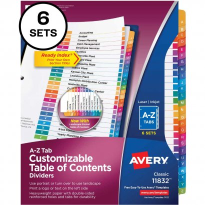 Avery Ready Index A-Z 26 Tab Dividers, Customizable TOC, 6 Sets 11832