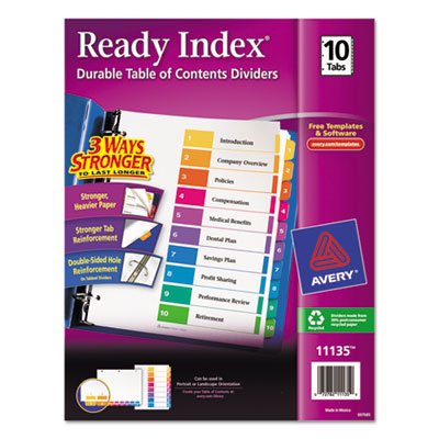 Avery Ready Index Customizable Table of Contents Multicolor Dividers, 10-Tab, Letter AVE11135