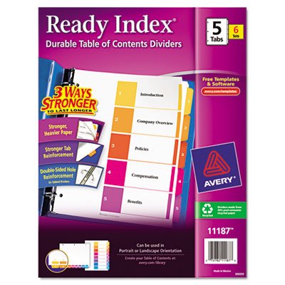 Avery Ready Index Customizable Table of Contents, Asst Dividers, 5-Tab, Ltr, 6 Sets AVE11187