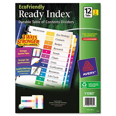 Avery Ready Index Customizable Table of Contents, Asst Dividers, 12-Tab, Ltr, 3 Sets AVE11083