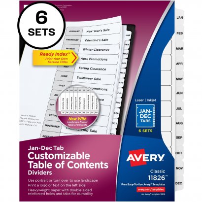 Avery Ready Index Jan-Dec 12 Tab Dividers, Customizable TOC, 6 Sets 11826