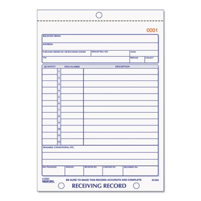 Rediform Receiving Record Book, 5 1/2 x 7 7/8, Three-Part Carbonless, 50 Sets/Book RED2L260