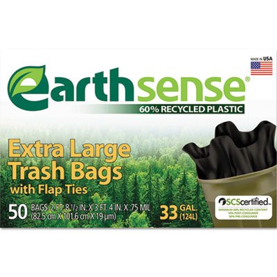 Earthsense Recycled Can Liners, 33gal, .75mil, 32.5 x 40, Black, 50 Bags/Box WBIGES6FTL50