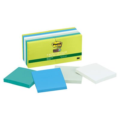 Post-It Notes Super Sticky Recycled Notes in Bora Bora Colors, 3 x 3, 90/Pad, 12 Pads/Pack MMM65412SST