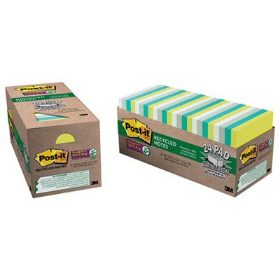 Post-It Notes Super Sticky Recycled Notes in Bora Bora Colors, 3 x 3, 70/Pad, 24 Pads/Pack MMM65424SSTCP