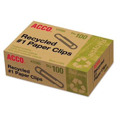 Acco A7072365 Recycled Paper Clips, #1, 100/Box, 10 Boxes/Pack ACC72365