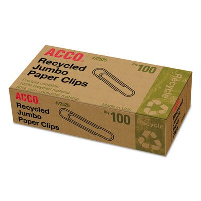 Acco A7072525 Recycled Paper Clips, Jumbo, 100/Box, 10 Boxes/Pack ACC72525
