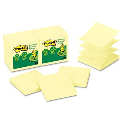 Post-It Greener Notes Recycled Pop-Up Notes Refill, 3 x 3, Canary YW,100 Sheets/Pad, 12 Pads/Pack