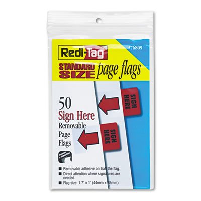 Redi-Tag Removable/Reusable Page Flags, "Sign Here", Red, 50/Pack RTG76809