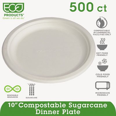 Renewable & Compostable Sugarcane Plates - 10" , 50/PK, 10 PK/CT ECOEPP005