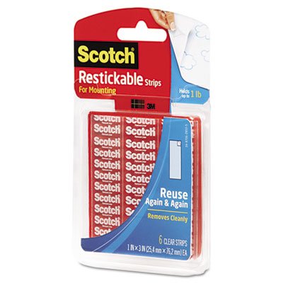Scotch Restickable Mounting Tabs, 1" x 3", Clear, 6/Pack MMMR101