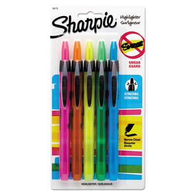 Sharpie Retractable Highlighters, Chisel Tip, Assorted Fluorescent Colors, 5/Set SAN28175PP