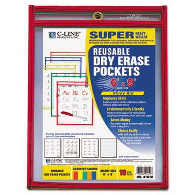 38944 Reusable Dry Erase Pockets, 6 x 9, Assorted Primary Colors, 10/Pack CLI41610