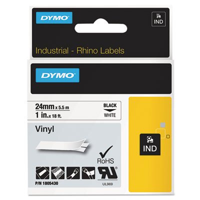 Rhino Permanent Vinyl Industrial Label Tape, 1" x 18 ft, White/Black Print DYM1805430