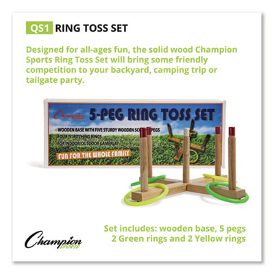 Champion Sports Ring Toss Set, Plastic/Wood, Assorted Colors, 4 Rings/5 Pegs/Set CSIQS1