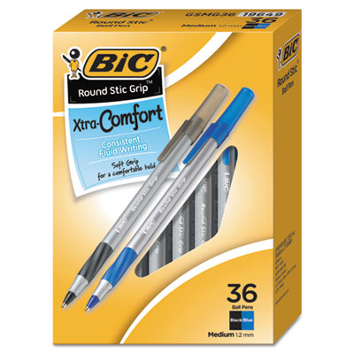 BIC GSMG361-AST Round Stic Grip Xtra Comfort Stick Ballpoint Pen Value Pack, 1.2mm, Assorted Ink/Barrel, 36/Pack