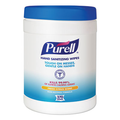 PURELL 9113-06 Sanitizing Hand Wipes, 6 x 6 3/4, White, 270/Canister, 6 Canisters/Carton GOJ911306CT