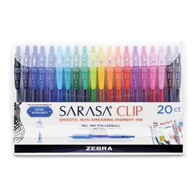 Zebra Sarasa Clip Gel Retractable, Fine 0.5 mm, Assorted Ink/Barrel, 20/Set ZEB47220