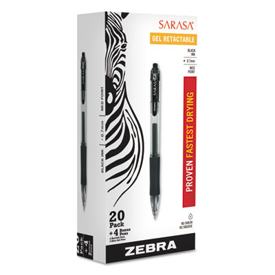 Zebra Sarasa Dry Gel X20 Retractable Gel Pen Value Pack, Medium 0.7mm, Black Ink, Smoke Barrel, 24/Box ZEB14680